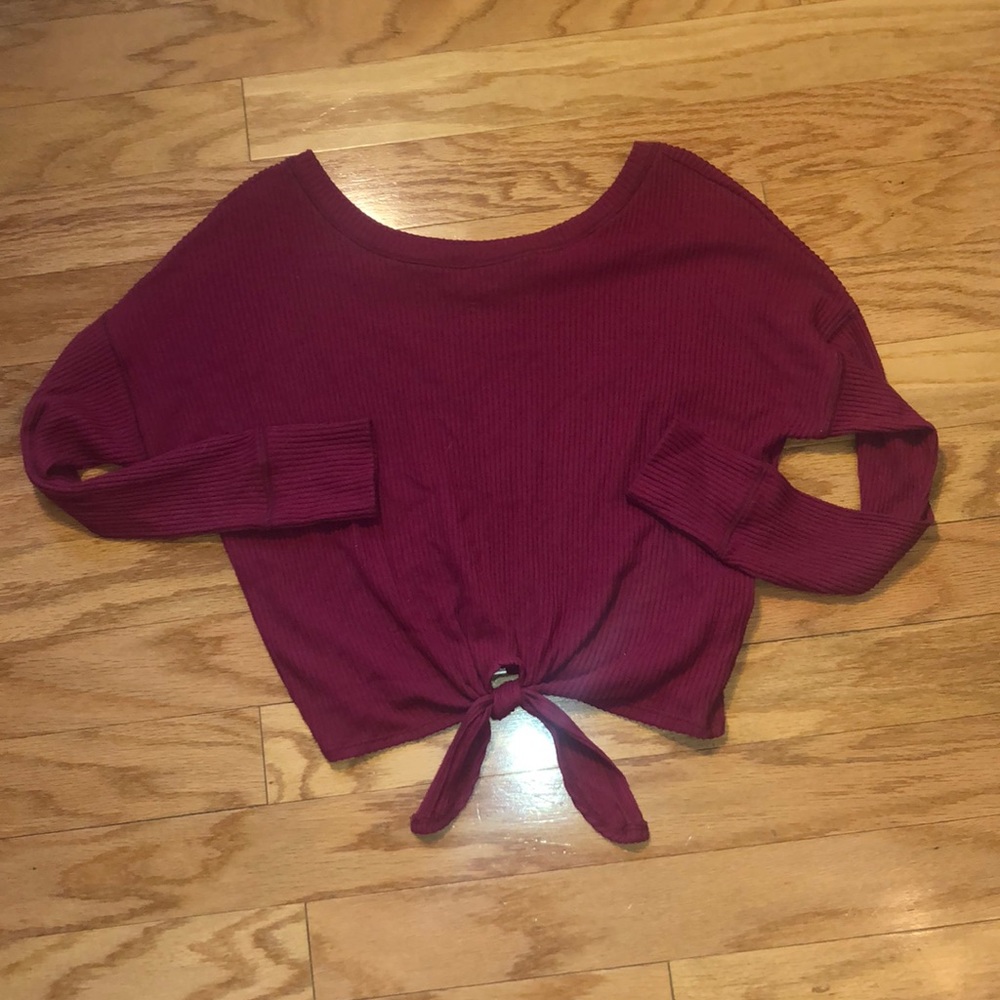 Abercrombie Raspberry Crop Tie-Front Ribbed Cozy Top